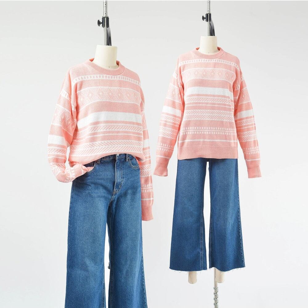 Vintage 80s Light Pink and White Striped Cotton Pullover Sweater size S M